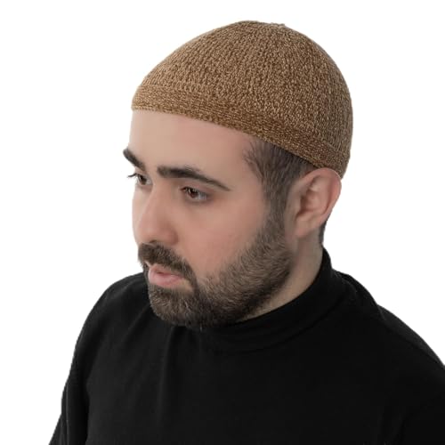 Modefa Islamic Prayer Kufi Hats for Men Chenille Knitted Stretchable Muslim Cap One-Size Fit - color: Camel Brown