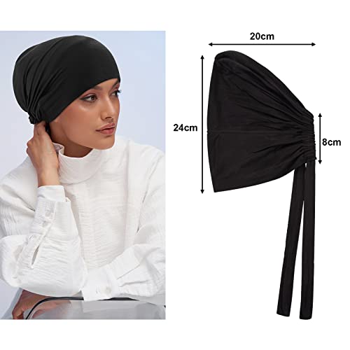 PHOGARY 4 Pcs Women Hijab Undercap, Islamic Muslim Under Hijab Cap Inner Under Scarf Hat Turban with Tie Back Closure - color: Black, White, Grey, Dark Navy