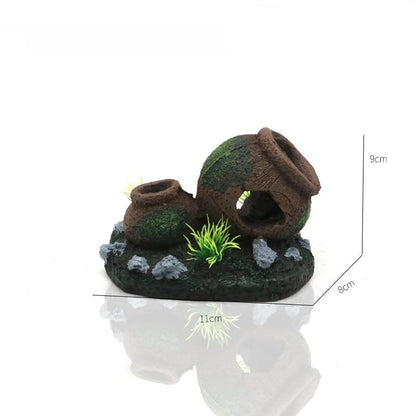 Rustic Broken Barrel Aquarium Decoration, Resin Fish Tank Hideout with Ancient Pot Design and Artificial Plants