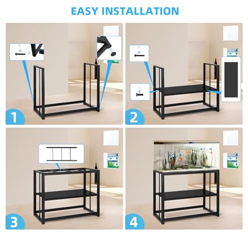 VOWNER 55-75 Gallon Fish Tank Stand, Metal Aquarium Stand, Black | 48.4" x 14.9" x 29.5" Heavy Duty Reptile Tank Stand, Adjustable 2-Tier Fish Tank Rack Shelf for Home Office, Stand Only - color: Black