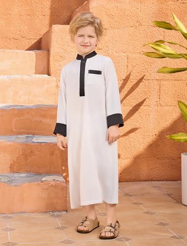 IWEMEK Kids Thobe for Muslim Boys Robe Eid Ramadan Kaftan Dubai Islamic Prayer Clothes Arabic Abaya Ethnic Dress with Pockets - color: Black-white, size: 7-8 Years
