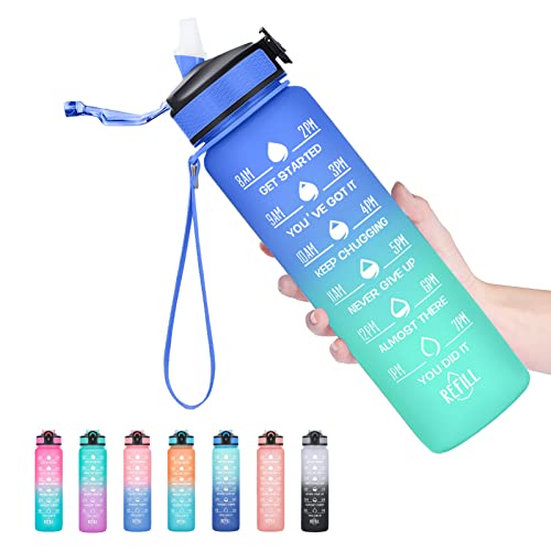 Hyeta Water Bottle with Straw & Time Marker, Plastic 32oz Leakproof | Motivational Tritan BPA Free Gym Office Outdoor Intake Tracker Hourly Reminder Straw Lid Carry Strap - color: Sea Level