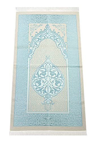 Muslim Prayer Rug and Prayer Beads with Elegant Gift Box | Janamaz | Sajadah | Soft Islamic Prayer Rug | Islamic Gifts Set | Prayer Carpet Mat, Taffeta Fabric, Blue - color: Blue