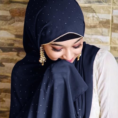 Hijab Scarf for Women Soft Chiffon Rhinestone Long Scarf Shawl Fashion Muslim Hijab Head Wrap Scarves - color: Navy