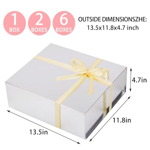 UoeRing 2 Pcs Silvery Gift Box Large 11.5x8x4 Inch with Magnetic Lid | Collapsible Luxury Present Box,for Birthday,Christmas Holiday Gift Includes Card,Ribbon,Tissue Paper & Shredded Filler - color: 13.5x11.8x4.7 Inch-SilveryPack of 2