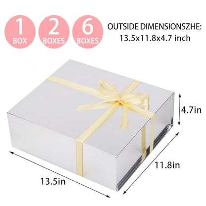 UoeRing 2 Pcs Silvery Gift Box Large 11.5x8x4 Inch with Magnetic Lid | Collapsible Luxury Present Box,for Birthday,Christmas Holiday Gift Includes Card,Ribbon,Tissue Paper & Shredded Filler - color: 13.5x11.8x4.7 Inch-SilveryPack of 2
