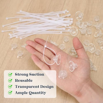 40 Pcs Aquarium Suction Cups with 40 White Cable Suction Cup Ties Fish Tank Accessories for Fish Tank Aeration Setup Binding Moss Holding Airline Tubing Shrimp Nests Reptile Hammocks Fairy Lights