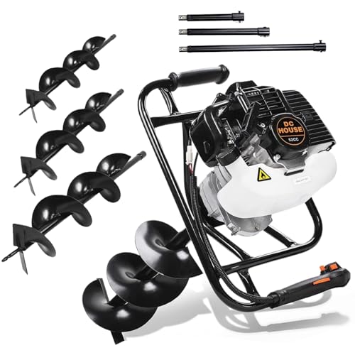 DC HOUSE 52cc 1800W Gas Powered Earth Auger EPA Certified Post Hole Digger, with 3 Drill Bits 4" 6" 8" and 3 Extension Rods 8" 12" 20", Mixing Ratio 30:1, for Fence, Farmland and Garden - size: 52cc+3 bit(4"6"8")+3 Ext(8"12"20")