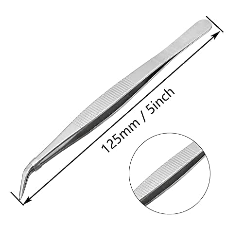 5 Inch Bent Tip Long Forceps Tweezers, Serrated Flat Tips Precision Curved Surgical Tongs Jewelers Needle Metal Sewing Sharp Kitchen Cooking Tweezers With Teeth Knurled Handles (1PCS-125mm) - color: Bent -1pcs-5inch