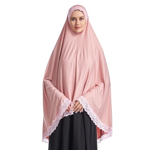 Muslim Women's Instant Big Hijab Jersey Turbans Khimar Abaya Soft Prayer Scarf, 1pc Lace - color: Pink, size: Large