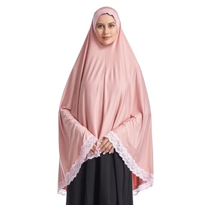 Muslim Women's Instant Big Hijab Jersey Turbans Khimar Abaya Soft Prayer Scarf, 1pc Lace - color: Pink, size: Medium