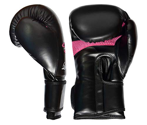 Womens Boxing Gloves Kids MMA Training Ladies Punching Mitts Girls Childrens - color: Black Flower Boxing Gloves, size: 14Oz