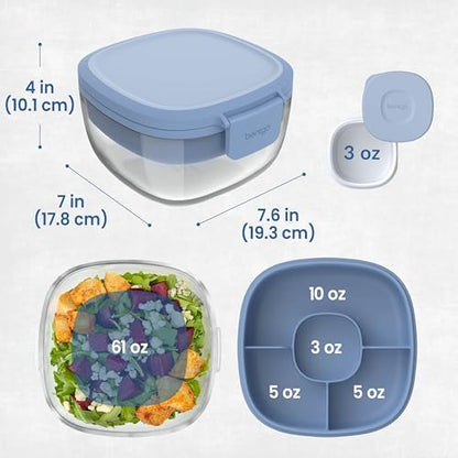 Bentgo Glass Salad Container - 7.6-Cup Salad Bowl with Airtight Lid, Leak-Proof Sauce Container, 4-Compartment Bento Tray & Reusable Fork - BPA-Free for Meal Prep, Office & More (Light Blue) - color: Light Blue