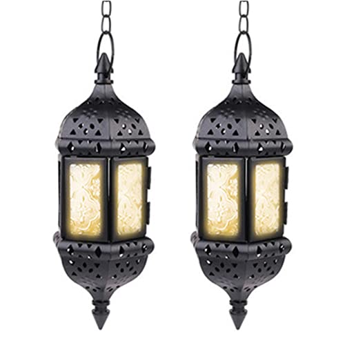 2 Pcs Hanging Candle Lantern Moroccan Chandelier Retro Candle Holder Moroccan Vintage Metal Hollow Wedding Hanging Candle Holders Lantern Contain 35cm Chain, Black | Hollow Metal Design, Include 35 cm Hanging Chains, Retro Silhouette, for Halloween, Patio