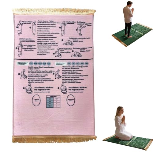 Bilingual Guided Prayer Mat with Direction Finder, Read in English and Say It in Arabic Guided Prayer Mat for Salah and Meditation (Pink, S)