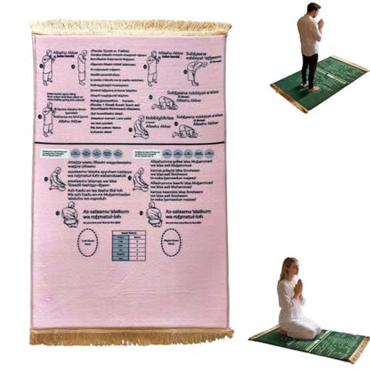 Bilingual Guided Prayer Mat with Direction Finder, Read in English and Say It in Arabic Guided Prayer Mat for Salah and Meditation (Pink, S)