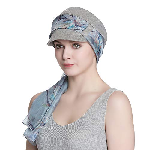 Alnorm Breathable Cotton Hat and Scarf Set Chemo Headwear for Women - color: Light Gray Floral