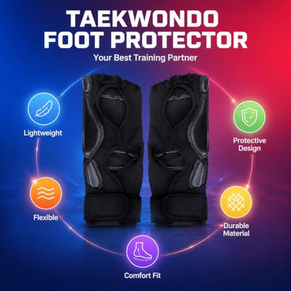 Taekwondo Foot Protector Gear, PU Leather Martial Arts Foot Guard, 1 Pair for Men Women - Adjustable Ankle Support, Breathable Half Finger Design, Training and Competition Use