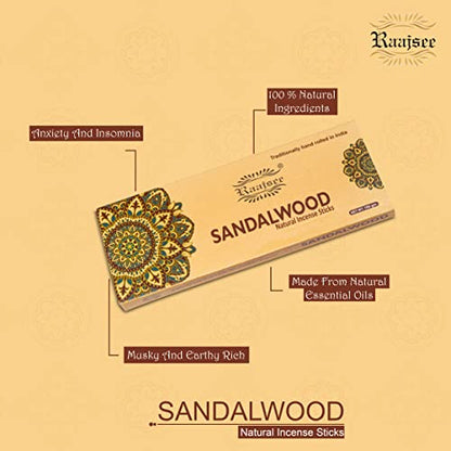Raajsee Sandalwood Incense Sticks 100 Gm Pack-100% Pure Organic Natural Hand Rolled Free from Chemicals-for Church,Aroma Therapy,Relaxation,Meditation & Sensual Therapy - color: Sandalwood