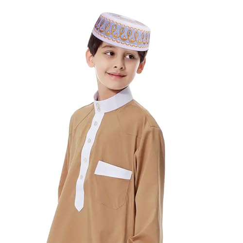 RUIXIA Men Boys Muslim Prayer Kufi Hat Skull Cap Embroidery Islam Kufi Headware takke Praying Beanie Hat Kofia Topi Hat - color: Blue/White--kids 7-10yrs