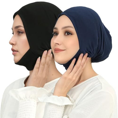Hijab Beanies Cap Undercaps Slouchy with Elasti Non-Slip Caps Under Scarf for Women - color: Black + Navy Blue