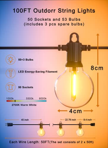 Zuske Outdoor String Lights Waterproof, 100FT LED Patio Lights with 53 Shatterproof G40 Globe Bulb(3 Spare), Connectable Dimmable Outside Hanging Lights for Backyard Porch Balcony Gazebo (2x50FT) - size: Electric-100FT