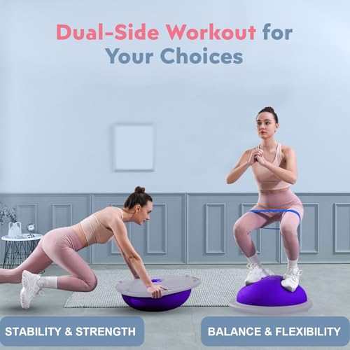 kisnbld Half Balance Ball Trainer, Inflatable 19/23 Inch Half Exercise Ball with Resistance Bands and Pilates Ball, Non-Slip 660lbs Capacity Yoga Ball for Home Gym Full Body Workouts - color: Purple