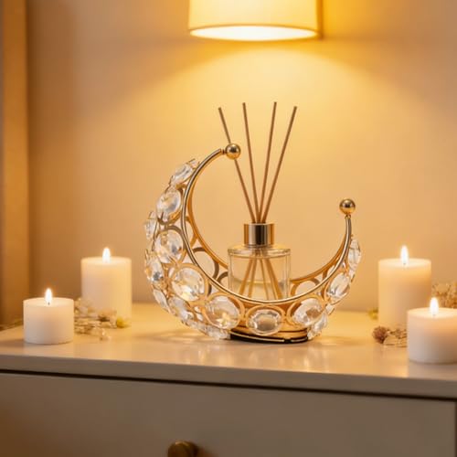 Moon Shaped Tea Light Candle Holder, Metal Crystal Aromatherapy Stand, Golden Electroplated Candlestick For, Weddings, Party Table Centerpieces, Handcrafted Iron