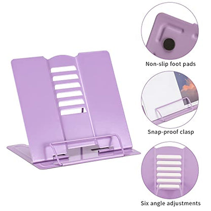 Metal Book Stand Adjustable Book Holder for Reading | Portable & Sturdy For Textbooks Cookbooks Sheet Music Papers Study - color: Full Purple