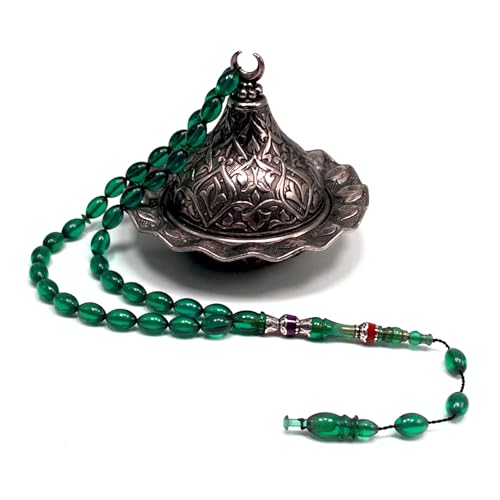EXCLUSIVE COLLECTION -Handmade Silver Engraved Bakelite Tesbih, Tasbih, Islamic Rosary, Islamic Prayer Beads, Misbaha (7x10mm 33 Teal Green Beads) - color: 7x10mm 33 Teal Green Beads