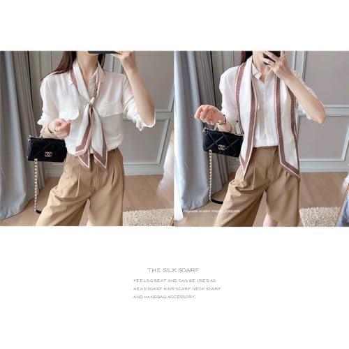 Silk Feeling Head Scarf Fashion Satin Hair Scarf Square Long Scarves for Women Gifts - color: 02 Coffee White 5.12 X 59 Inch