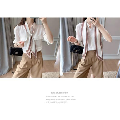 Silk Feeling Head Scarf Fashion Satin Hair Scarf Square Long Scarves for Women Gifts - color: 02 Coffee White 5.12 X 59 Inch