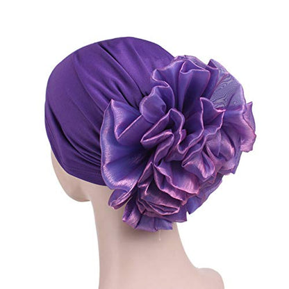 Women Flower Elastic Turban Beanie Head Scarf wrap Chemo Cap hat for Cancer Patient - color: Purple Gray