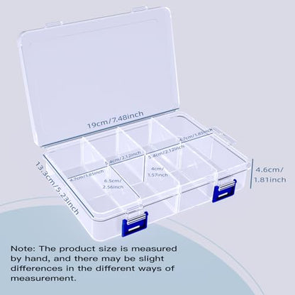 2 Pcs 8 Grids Clear Plastic Storage Box with Adjustable Dividers, Stackable 8 Compartments Small Organiser Box Container for Accessories Beads Jewelry Earring Tool, 7.48×5.23×1.8 Inches