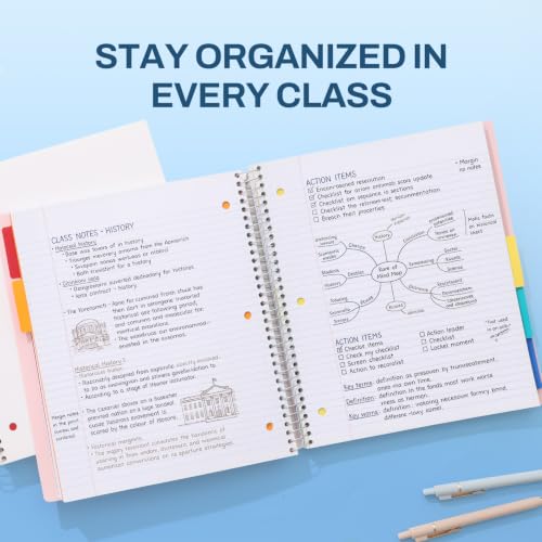 SUNEE 5 Subject Notebook College Ruled - 400 Pages, 9"x11", 5 Pocket Colored Dividers, 3-Hole Punched Paper, White - color: White, style: College Ruled