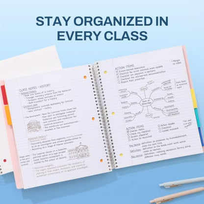 SUNEE 5 Subject Notebook College Ruled - 400 Pages, 9"x11", 5 Pocket Colored Dividers, 3-Hole Punched Paper, White - color: White, style: College Ruled