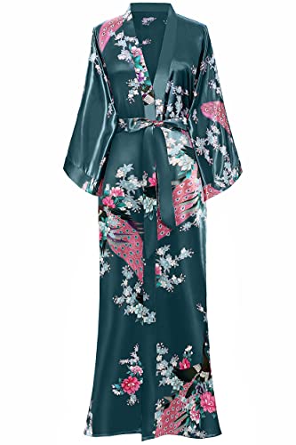 BABEYOND Women's Kimono Robe Long Satin Robes with Peacock and Blossoms Printed Kimono Nightgown - color: Black Blue, size: One Size Plus