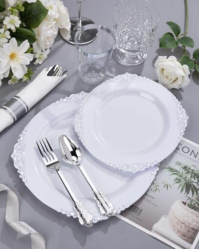 Nervure 175PCS Silver Plastic Plates - White and Silver Disposable Plates for 25 Guests Include 50Plates, 25Cups, 25Forks, 25Knives, 25Spoons, 25Napkins for Wedding & Party - color: White Silver, style: 175Pcs(25Guests)