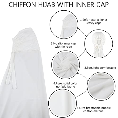 Instant Chiffon Hijab with Tie Back Under Cap Solid Color Soft Chiffon Scarf With Hijab Inner Caps For Muslim Women - color: Snow White