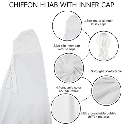 Instant Chiffon Hijab with Tie Back Under Cap Solid Color Soft Chiffon Scarf With Hijab Inner Caps For Muslim Women - color: Snow White
