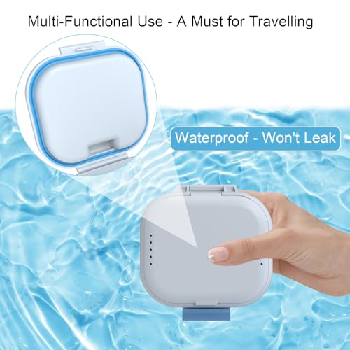 BVN 2-in-1 Leak Proof Denture Soaking Cup with Strainer | Hygienic Storage Case for Dentures, Braces, Mouth Guards & Travel Retainers - color: White+blue