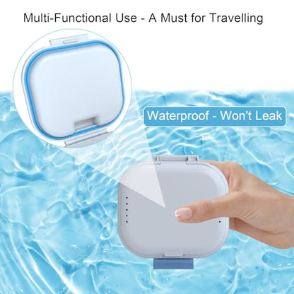 BVN 2-in-1 Leak Proof Denture Soaking Cup with Strainer | Hygienic Storage Case for Dentures, Braces, Mouth Guards & Travel Retainers - color: White+blue