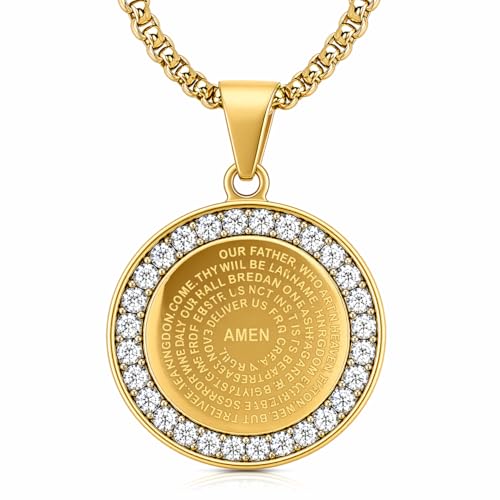 Steeltime Stainless Steel Pendant Necklace with Simulated Diamonds - 18-Inch Rounded Box Chain, Stainless Steel Pendant for Men & Women, Lords Prayer & Serenity Prayer Gifts - Gold, Lord's Prayer