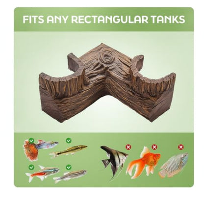 Aquarium Cave, Dual Hole Underground Resin Stump Fish & Shrimp Hideout Tunnel, Natural-Looking Wood-Like Fish Hideout for Aquarium for Betta, Loaches, Corydoras(5.3" × 5.3" × 2.6")