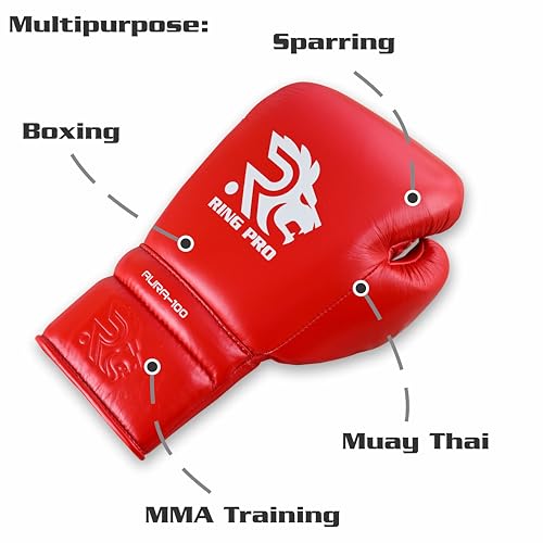Aura 100 Full Grain Leather Lace Up Boxing Gloves for Men & Women – Professional Training, Sparring, Competition, Muay Thai, Kickboxing & Heavy Bag Gloves - color: Red, size: 12 OZ