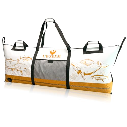 Insulated Fish Cooler Bag, 60'' Waterproof Leakproof Fishing Kill Bag with Drain Valve, Zipper and Heavy Duty PVC Marine Cooler for Boat Kayak Offshore Fishing, Keeps Fish Fresh Up to 48H - color: Orange+White