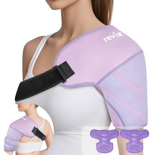REVIX Shoulder Ice Pack Wrap, 2 Gel Packs+1 Shoulder Brace for Rotator Cuff and Arm, Reusable Gel Cold Therapy Wrap for Discomfort Relief & Muscle Relaxation, Easy to Wear & Remove, Purple - size: Medium, style: Purple, 2 Gel Packs+1 Shoulder Brace