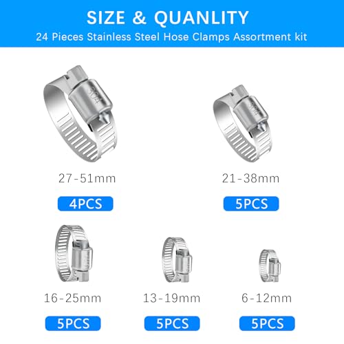 YUCDXVF 24PCS Adjustable Stainless Steel Hose Clamps, 1/4“-2” (6-51mm) Stainless Steel Hose Clamp Assortment Kit Our Hose Clamps Are Used For Home, Garden and Automotive Hose Connections
