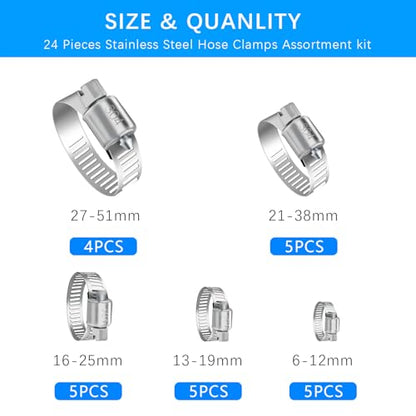YUCDXVF 24PCS Adjustable Stainless Steel Hose Clamps, 1/4“-2” (6-51mm) Stainless Steel Hose Clamp Assortment Kit Our Hose Clamps Are Used For Home, Garden and Automotive Hose Connections