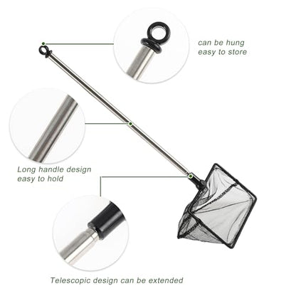 Fish Tank Net, Fine Mesh Aquarium Fish Net, Long Handle Fish Net, Stainless Steel Extendable Handle, Square Aquarium Cleaning Net for Aquarium Accessories - size: 4 inch
